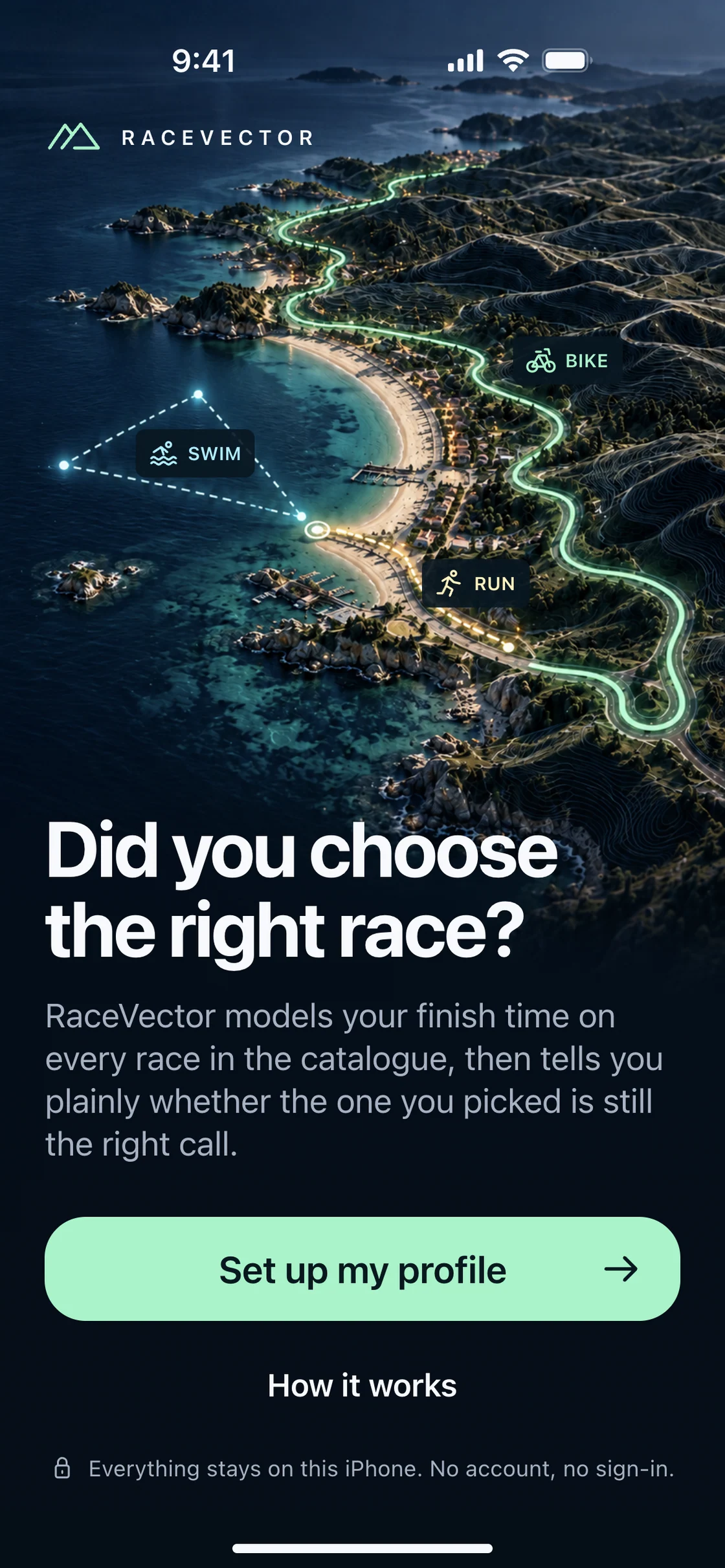 The RaceVector welcome screen on a coastal course with the swim, bike and run legs marked.